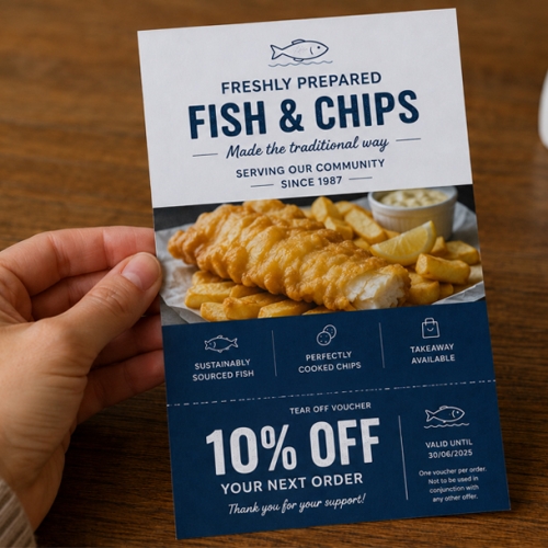 someone holding a menu from a chip shop that has a voucher attached