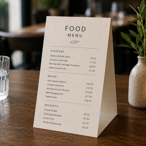 a tent card menu in a cafe