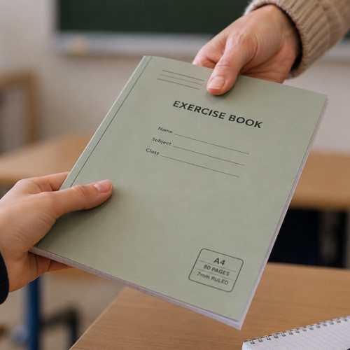 a teacher handing a workbook to a student