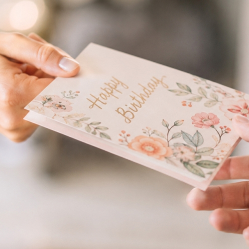 a person handing a greeting card to another person
